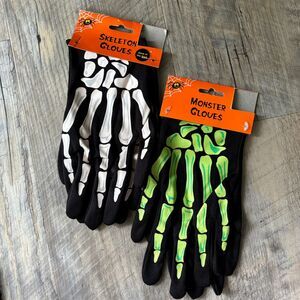 Halloween Skeleton Monster Gloves Lot of 2 Glow in Dark Black Costume Adult